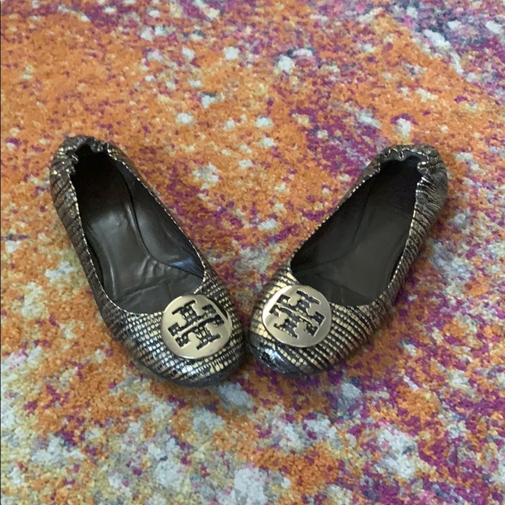 Tory Burch Black and Gold Snake Print Reva Flats - Picture 2 of 8